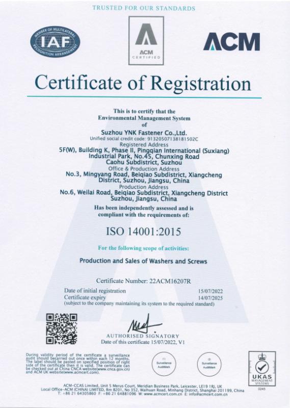 ISO 14001 Certificate - Suzhou YNK Fastener Co., Ltd.