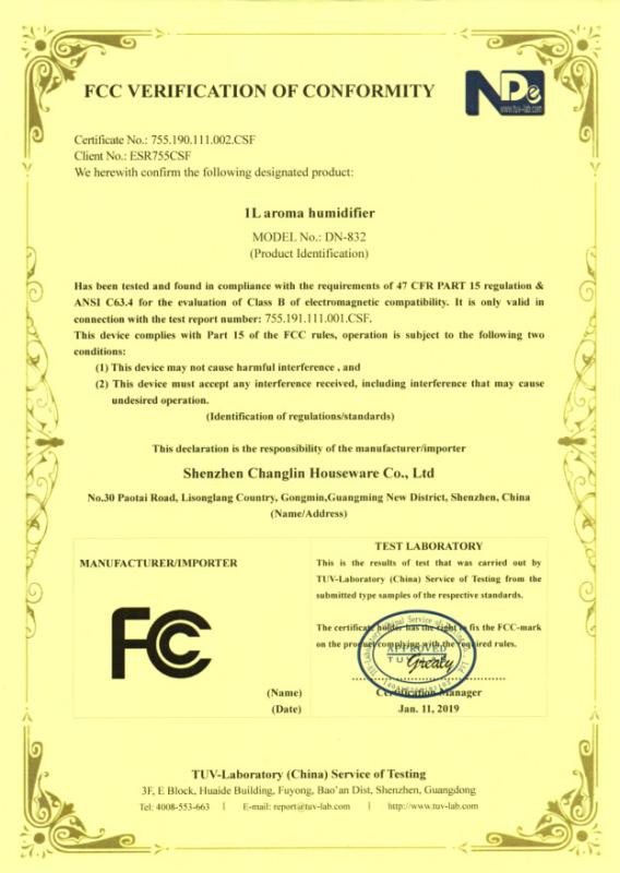 FCC - Shenzhen Changlin Houseware Co., Limited