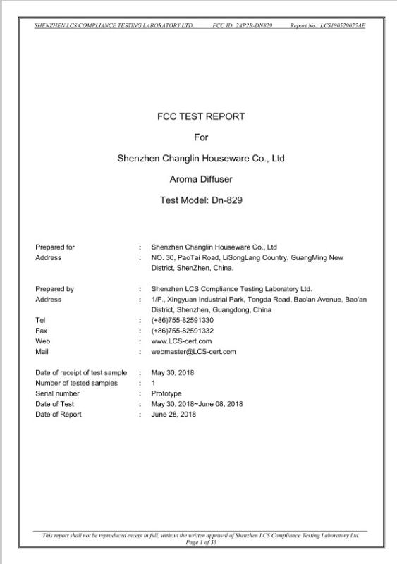 FCCID - Shenzhen Changlin Houseware Co., Limited