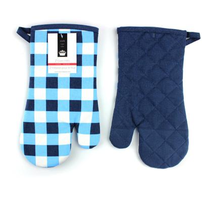 China Blue Check Print Canvas Poly Cotton Cheap Custom Microwave Glove Oven Mitt for sale
