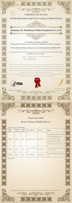 FDA Certification - Xinxiang Jinshikang Medical Equipment Co., Ltd.
