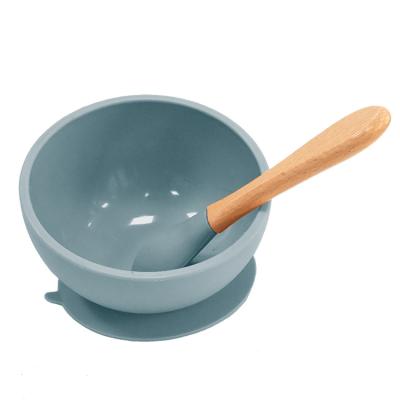 China Non Toxic Kids Feeding Silicone BPA Free Suction Bowl With Wooden Handle Spoon for sale