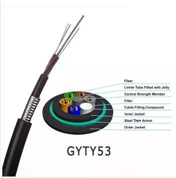 China GYTY53 Anti Rats Fiber Optic Cable Single Mode Armored 24 Core G652D PE Jacket for sale