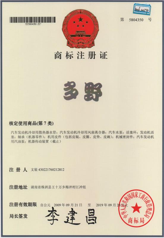 Trademark registration certificate - Guangzhou Sino Japan Auto Parts Co., Ltd.