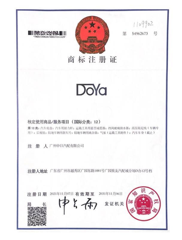 Trademark registration certificate - Guangzhou Sino Japan Auto Parts Co., Ltd.