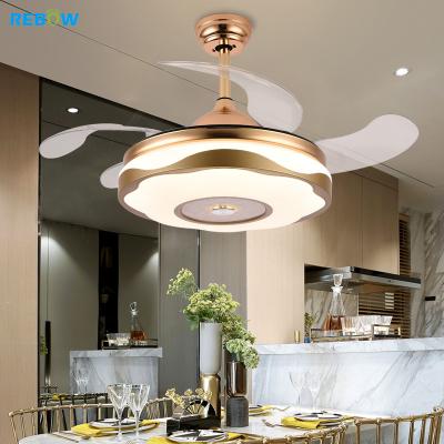 China Modern Music Control RGB Control APP Package OEM Rebow Chandelier LED Invisible Retractable Ceiling Fan With Light for sale