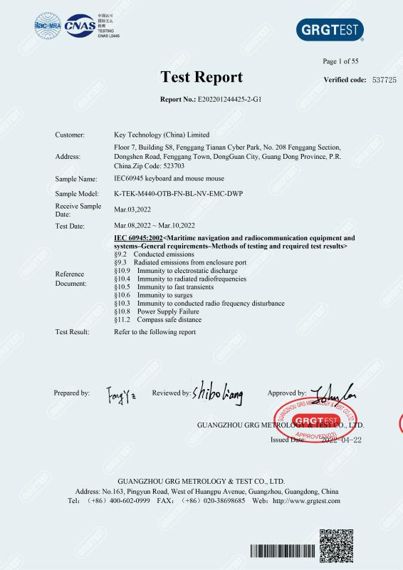 IEC60945 Certificate（1） - Key Technology ( China ) Limited