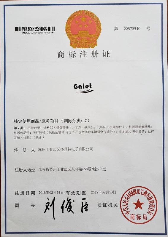 Trademark registration certificate - Gaiet Electronics (SuZhou)Co., Ltd