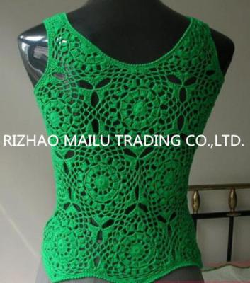 中国 綿のハンドメイドのかぎ針編みの服/袖なしの緑レディースはばねのためのベストをかぎ針で編みます 販売のため