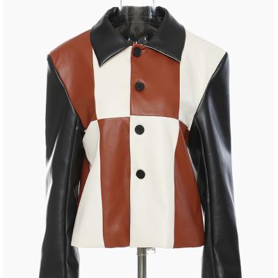 China High Fashion Breathable Stitching Color Long Sleeve Button Cropped PU Baseball Leather Jackets for sale