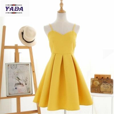 China Korean style summer yellow spaghetti strap short umbrella ladies elegant dress cotton women dresses in cheap price for sale
