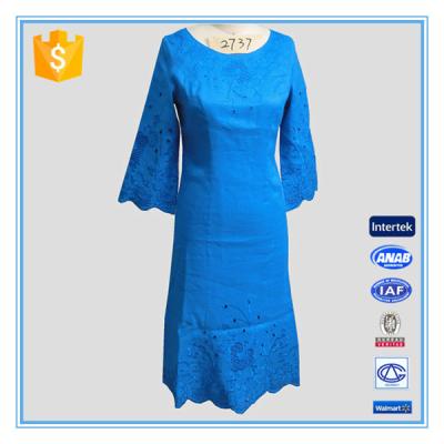 China 2016 Lady Popular Embroidery Cutwork 3/4 Sleeve Long Linen Dress for sale