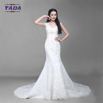 China Fashion v neck tulle handmade embroidery bride white beaded mermaid wedding dresses for sale