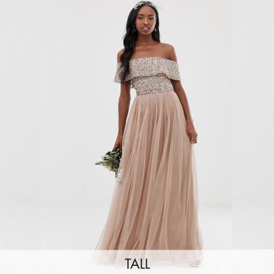 China Tall Bridesmaid bardot maxi tulle dress with tonal delicate sequins in taupe blush for sale