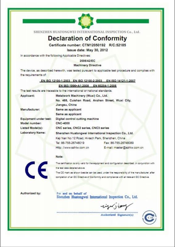 CE Certificate - METALWORK MACHINERY (WUXI) CO.LTD