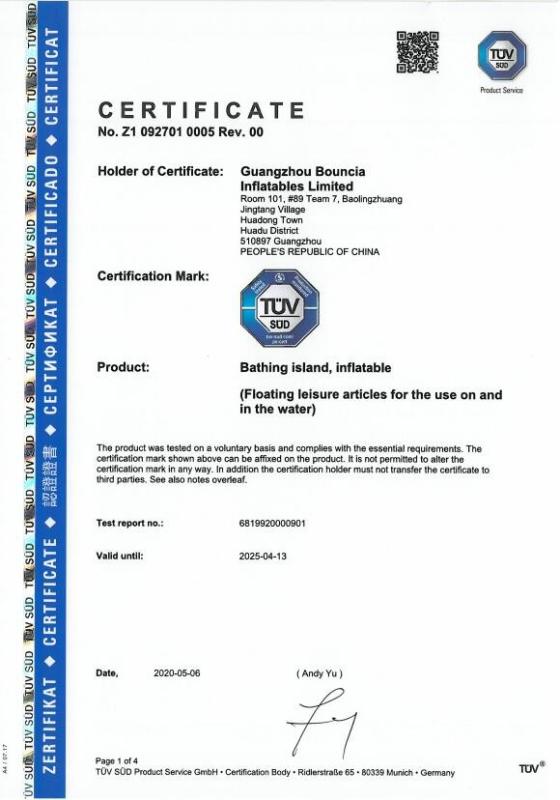 TUV Certificate - Guangzhou Bouncia Inflatables Factory