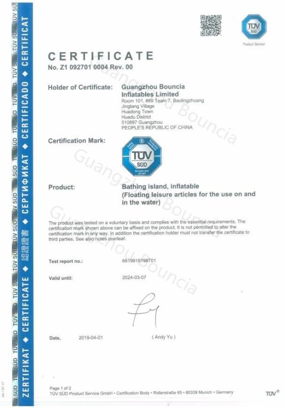 TUV Certificate - Guangzhou Bouncia Inflatables Factory