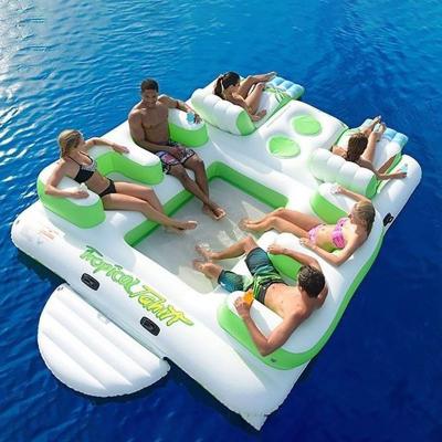 China 0.9mm Durable PVC Inflatable Water Sports Island Floating Lounge With 6 Seats for sale