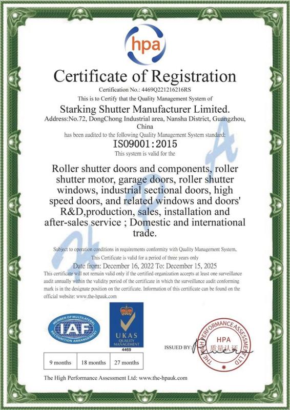 ISO9001:2015 - Starking Shutter Manufacturer Limited