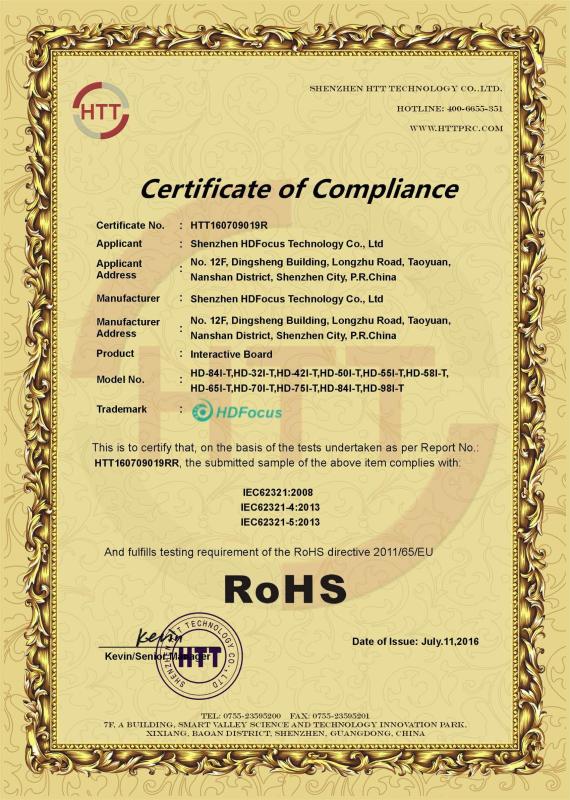 Certificate of Compliance RoHS - Shenzhen HDFocus Technology Co., Ltd.