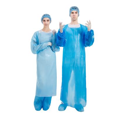 China Plastic Disposable CPE Gown Blue Waterproof With Rubber Cuffs for sale