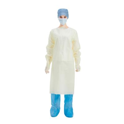 China Yellow SMMS Isolation Disposable CPE Gown With Thumb Loop 30-65gsm S-XL for sale