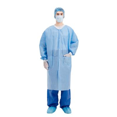 China 25gsm-55gsm Blue Disposable Lab Coats SMS PP SPP Non Woven Knitted Cuffs for sale