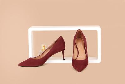 China Burgundy Workplace Women Pumps Shoes High Heel With Soft Genuine Suede Leather for sale