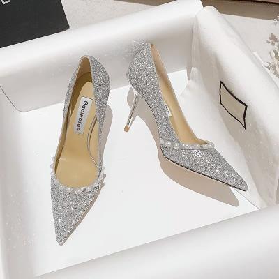 China Spring Ladies Wedding Pumps , Sheepskin Golden Shiny Pearl Crystal Shoes for sale