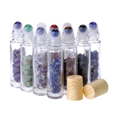 China Bamboo Lids Crystal Gemstone 10ml Empty Perfume Roller Bottles for sale