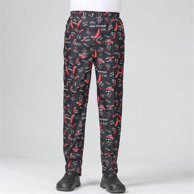 China Restaurant Kitchen Print Chef Pants Elastic Waist With Zipper Fly for sale