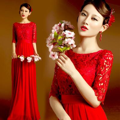 China Red Lace Half Sleeveless Floor Length Bridal Dress Gorgeous Evening Dress TSJY145 for sale