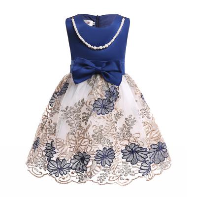 China O-Neck Satin Girl Dress Embroidered Mesh Dress Dark Blue Pearl Necklace Dresses Disfraz Rapunzel Niña Enfant Girls Winte for sale