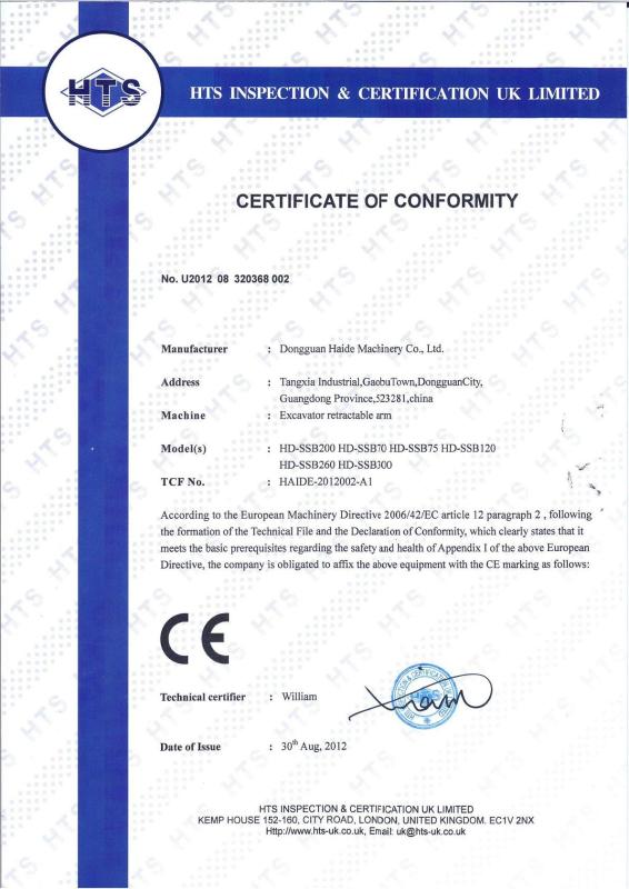 CE for Retractable arm - Dongguan Haide Machinery Co., Ltd