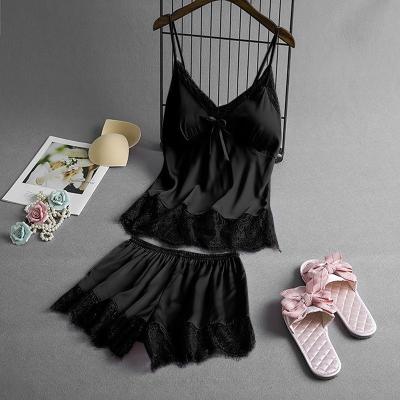 China Summer Sleeveless Ice Silk Sexy Suspenders Knickers Lace Satin Pajama Set For Women for sale