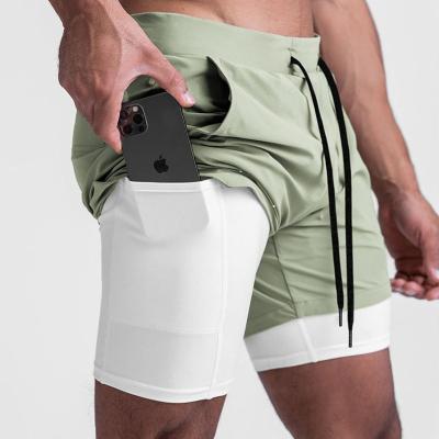 중국 2 In 1 Double Layer Sports Mens Gym Shorts Custom LOGO 5 Inch Fitness Workout Shorts 판매용