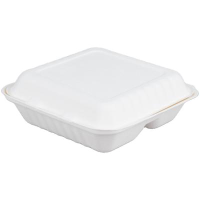 China 8 Inch Biodegradable Sugarcane Bagasse Clamshell 3 Compartment Disposable Lunch Box for sale