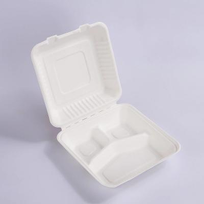 China Oem Biodegradable Sugarcane Bagasse Clamshell Box 9in 3 Compartment Meal Prep Containers for sale
