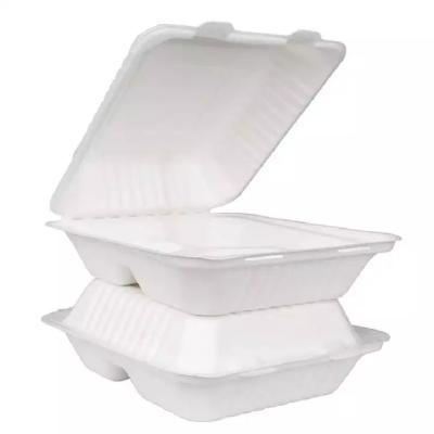 China Biodegradable Eco Friendly 3 Compartment Bagasse Clamshell Containers 8 10 Inch for sale