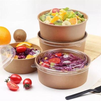China Custom Restaurant 750ml Disposable Kraft Brown Paper Food Packaging Salad Bowl With Lid for sale