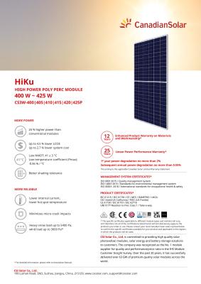 China CANADIAN Polycrystalline Solar Panel 420W 405W for sale