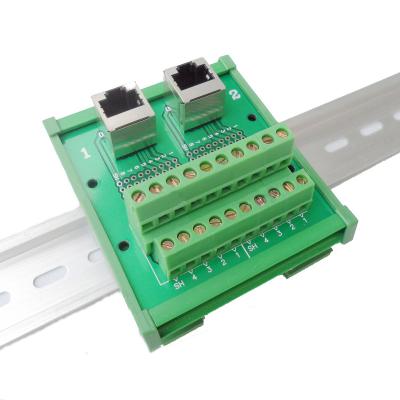 China Network RJ45 Jack Dual Connectors to Screw Terminal Blocks Breakout Board Adapter Din Rail for sale