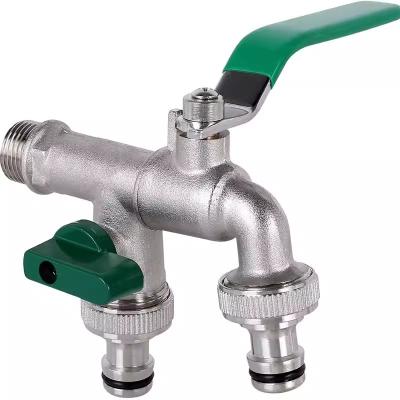 China Garden Hose Faucet Water Tap Brass Ball Valve Outdoor Yard Bibcock Double Outlets for sale