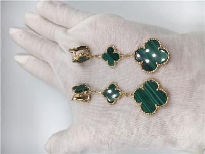 China Green 18k Gold Vca Alhambra Earrings , Van Cleef Onyx Earrings With Malachite for sale
