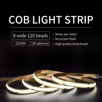中国 Low Voltage 4500k Cob Led Strip Light Ultra Narrow Flexible 12v 24v Ra90 販売のため