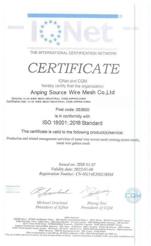 ISO18001:2018 - Anping Source Wire Mesh Co.,Ltd