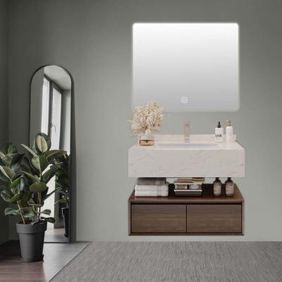China Walnut Color Solid Wood Wall Mounted Bathroom Vanity With LED Mirror for sale