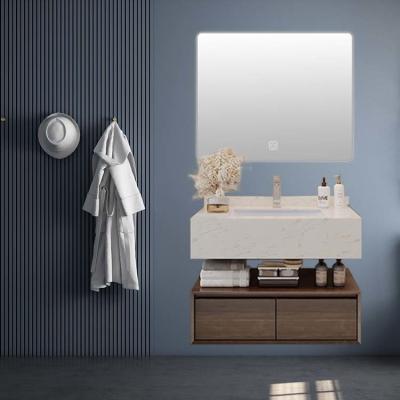 China Solid Wood Paint Free Wall Mounted Bathroom Vanities Walnut color for sale