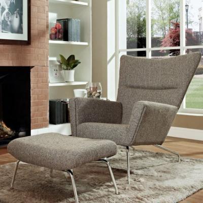 China High Back stainless steel legs fabric Hans Wegner Upholstered Wing Customized reclining fabric cozy Lounge Chair for sale