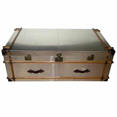China Industrial aviator metal trunk coffee table Aluminium antique steamer trunk silver old trunk table with drawers for sale